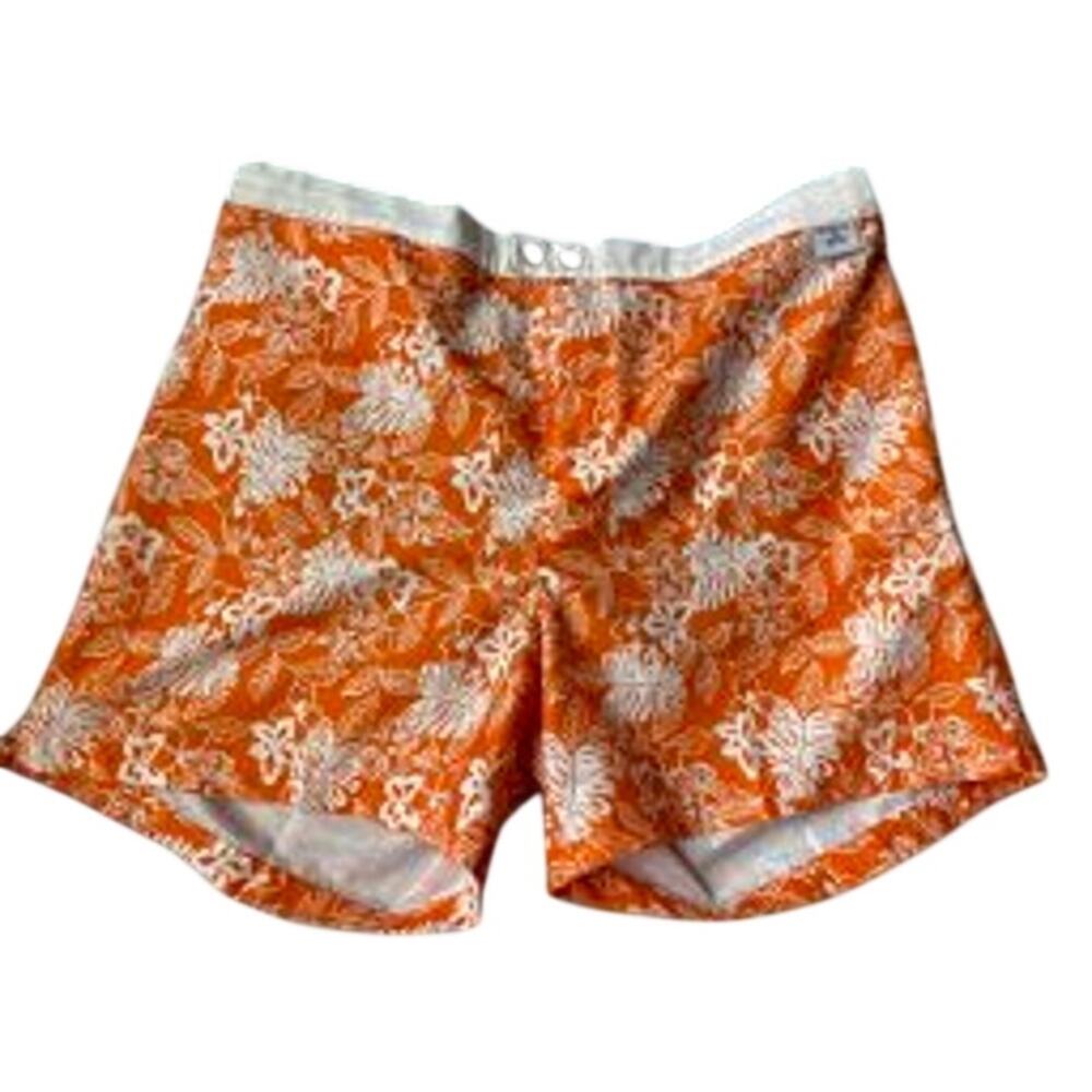 WHITTALL & SHON Swim Trunks Shorts Hawaiian Aloha Floral Orange Mesh Liner L